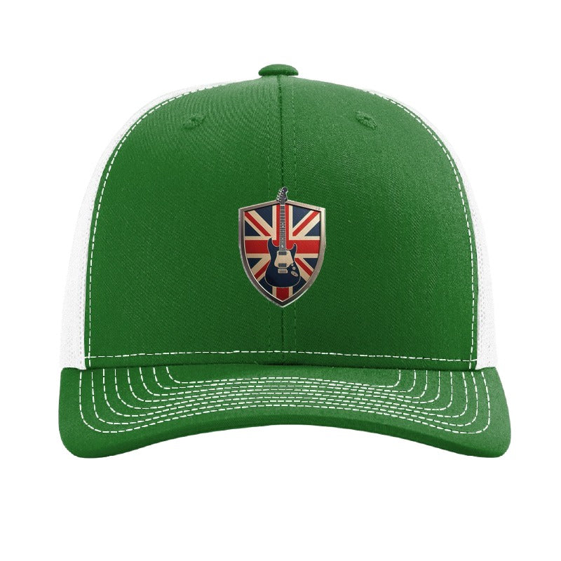 Metal electric guitar shield patch trucker hat, Union Jack — Kelly Green/White