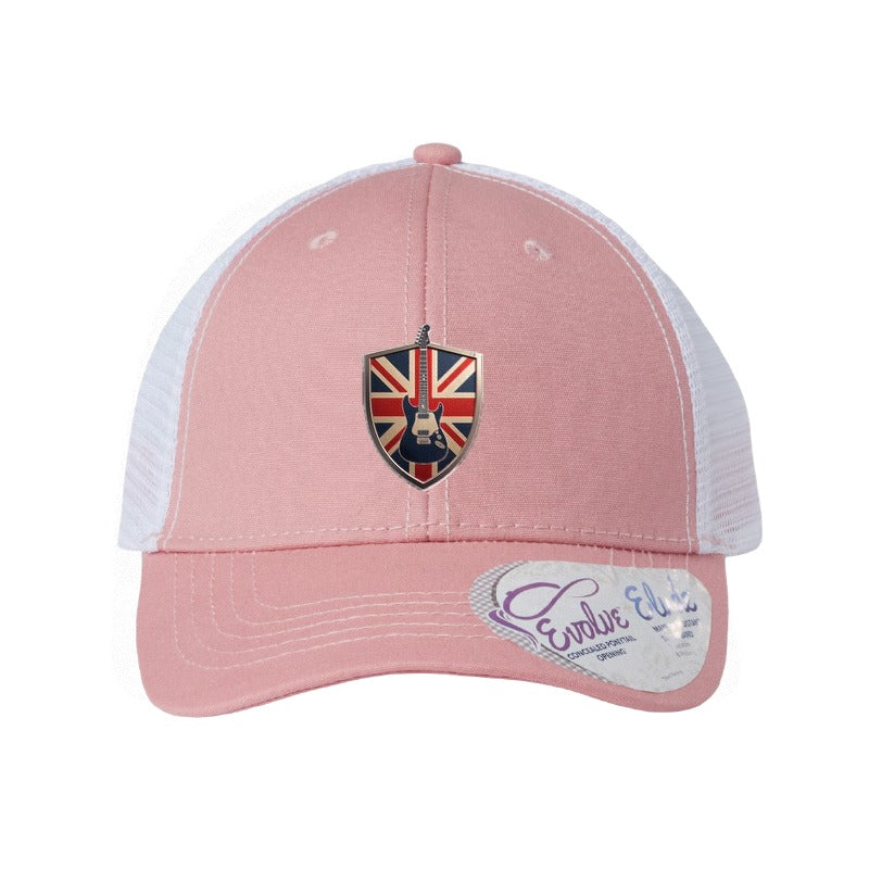 Metal electric guitar shield patch trucker hat, Union Jack — Dusty Rose/White (Ponytail)