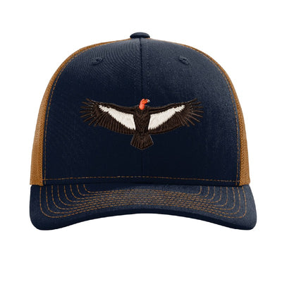 Embroidered condor patch trucker hat, Vermilion Cliffs Arizona - Navy/Caramel