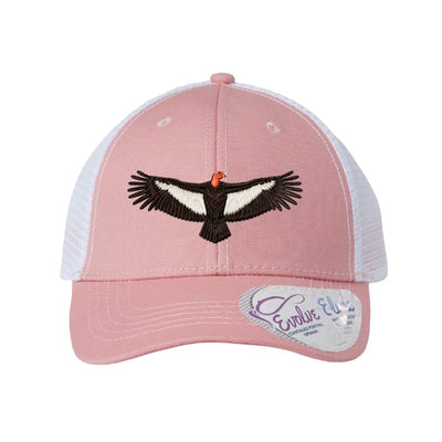 Embroidered condor patch trucker hat, Vermilion Cliffs Arizona - Dusty Rose/White Ponytail