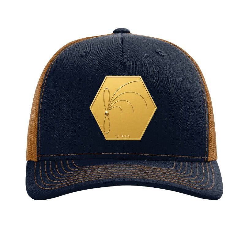Gold-tone magnetar patch trucker hat, Virgo radio burst - Navy/Caramel