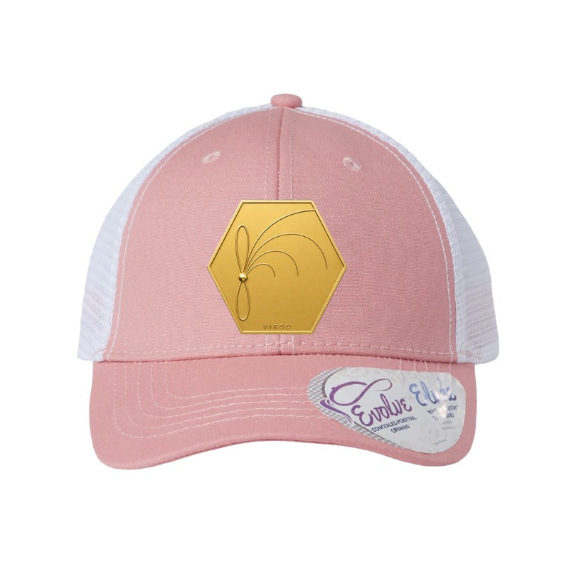 Gold-tone magnetar patch trucker hat, Virgo radio burst - Dusty Rose/White (Ponytail)