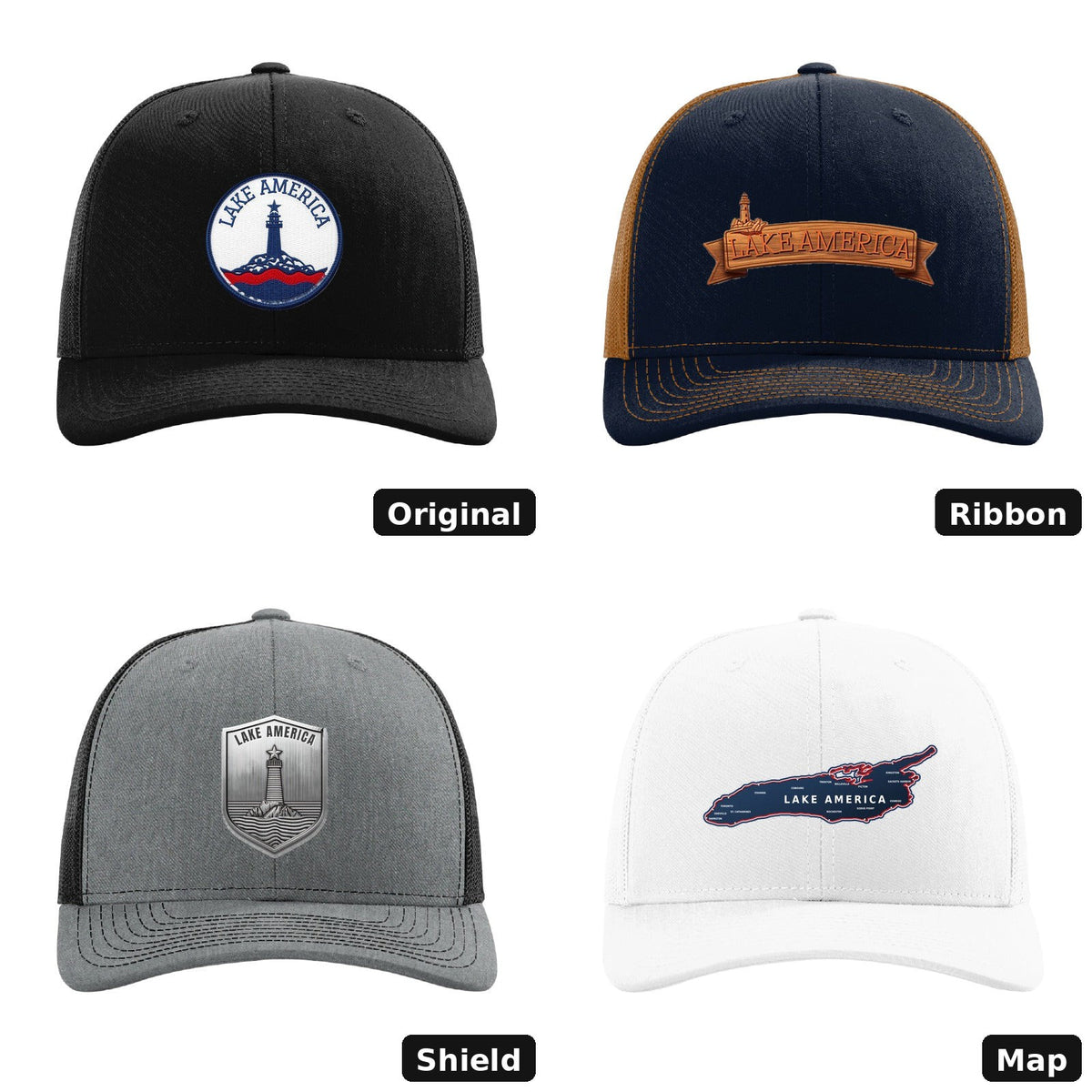 Lake America patch hat - all four designs: Original, Ribbon, Shield and Map