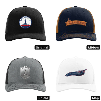 Lake America patch hat - all four designs: Original, Ribbon, Shield and Map