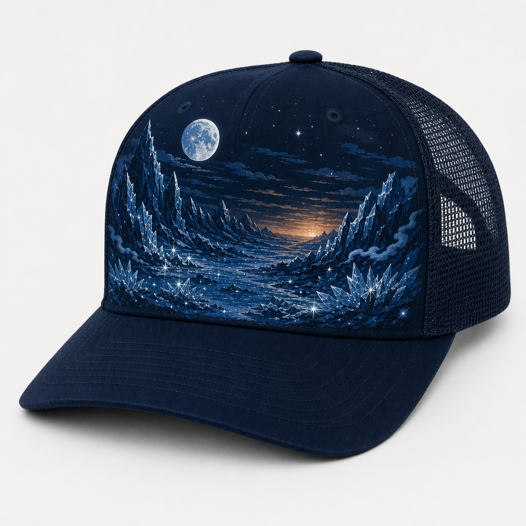 Titan Crystal Valley hat: a glittering ice-crystal valley under a moon and stars on a navy Richardson 112 trucker