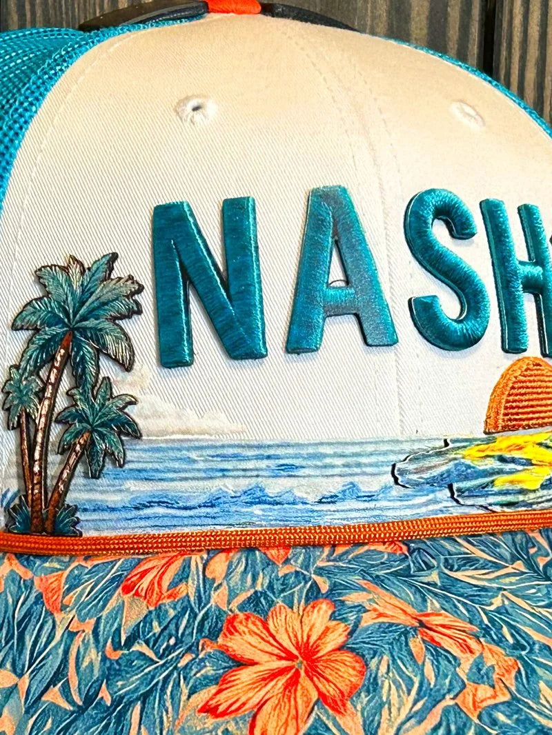 Close-up of the real NASH hat: raised letters, cut-to-shape palms and the printed floral brim
