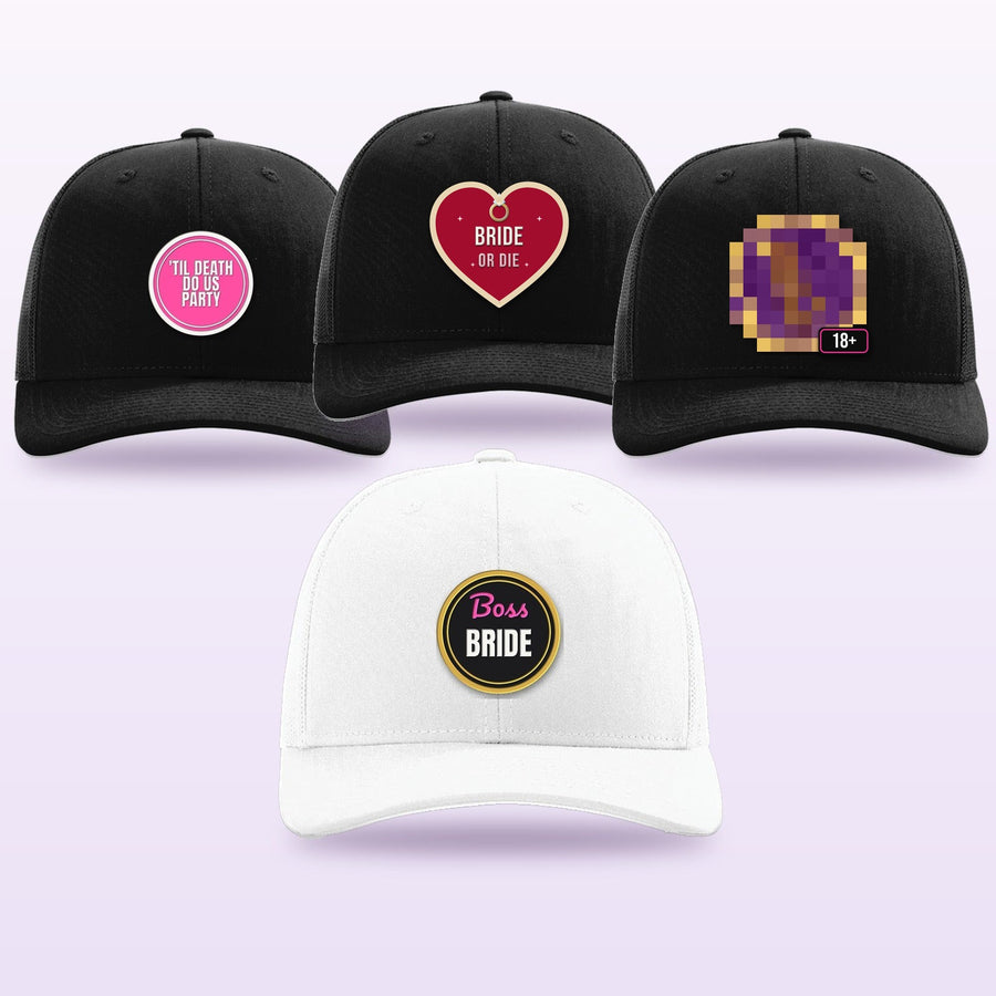 Three custom bachelorette trucker hats, one patch pixelated for 18+