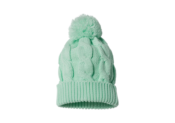 Mint green cable-knit beanie with a pom