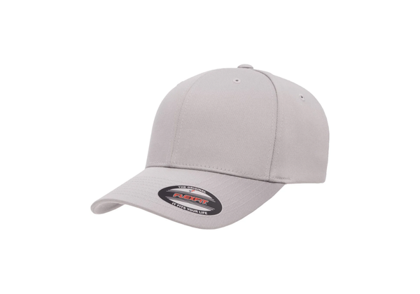 Blank light grey fitted cap with a curved brim