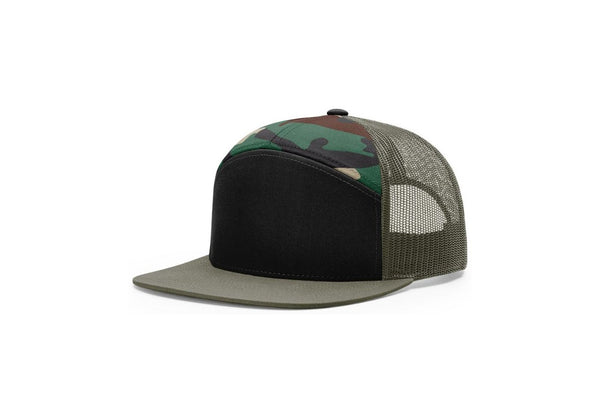 Blank camo flat-bill snapback cap with mesh back