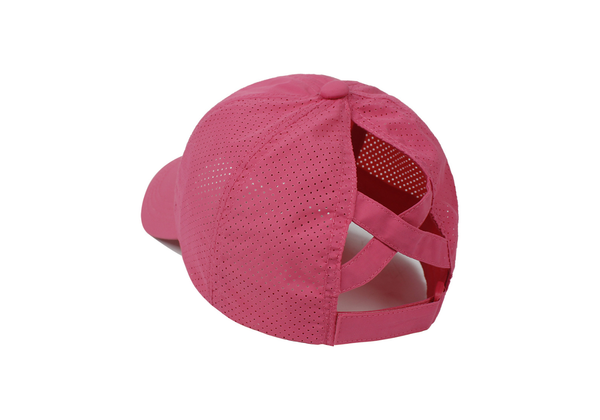 Back of a pink ponytail cap showing the open ponytail slot