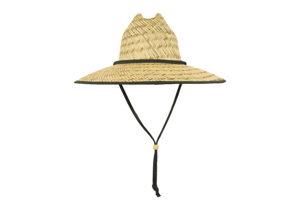 Natural straw lifeguard hat with a wide brim and chin cord