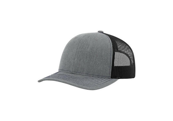 Blank heather grey and black trucker cap with mesh back