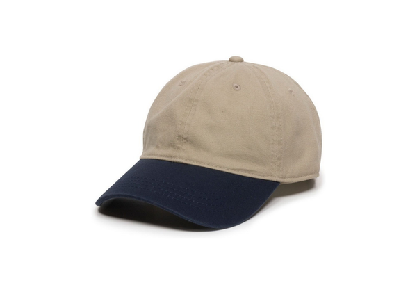 Blank khaki and navy unstructured dad cap with a soft crown
