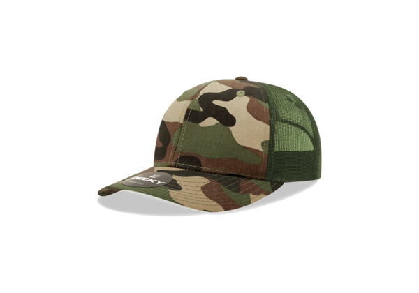 Youth-sized camo trucker cap with a curved brim