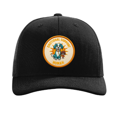 Emotional Support Human patch on a black Richardson 112 trucker hat