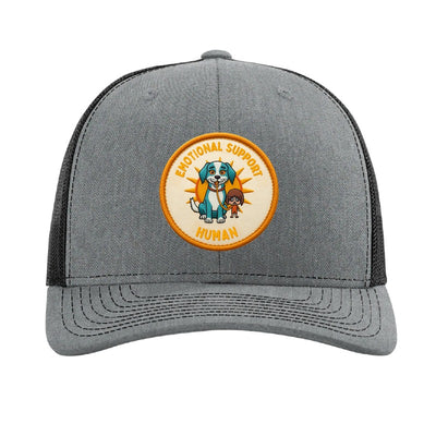 Emotional Support Human patch on a heather grey and black Richardson 112 trucker hat