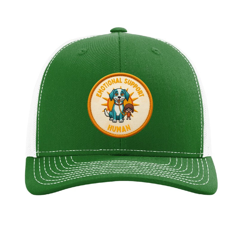 Emotional Support Human patch on a kelly green and white Richardson 112 trucker hat