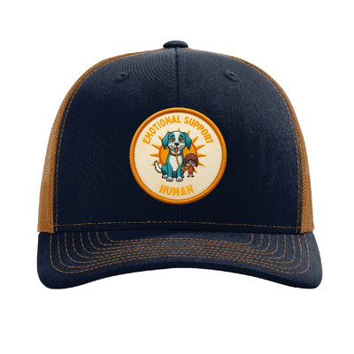 Emotional Support Human patch on a navy and caramel Richardson 112 trucker hat