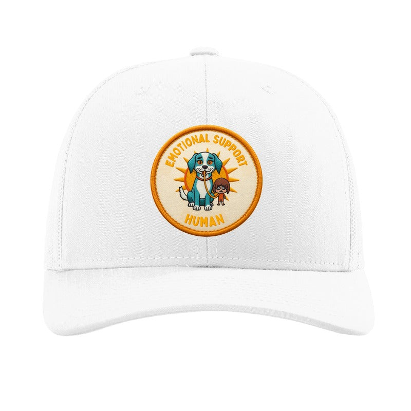 Emotional Support Human patch on a white Richardson 112 trucker hat
