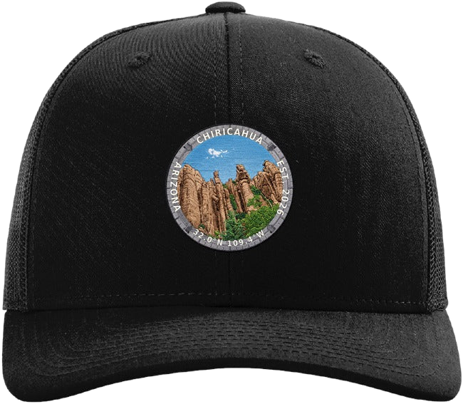 Chiricahua National Park patch hat in black, the round badge on the front panel