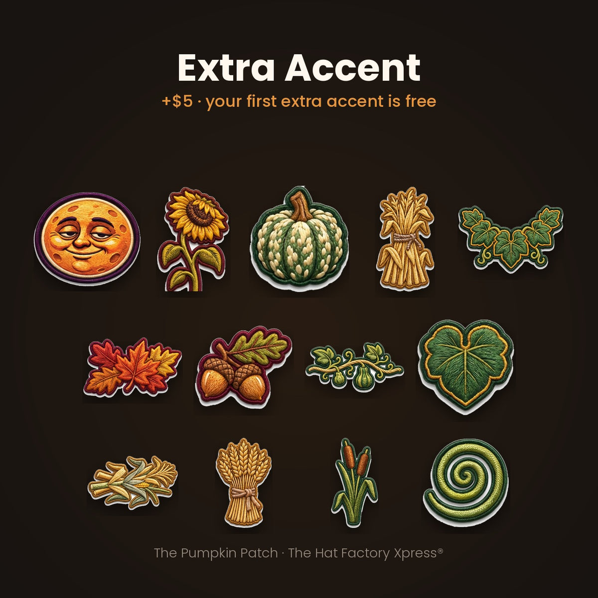 The thirteen accent patches you can add to a Pumpkin Patch hat, including the man in the moon, a sunflower, a warty gourd, wheat sheaves, autumn leaves and acorns.