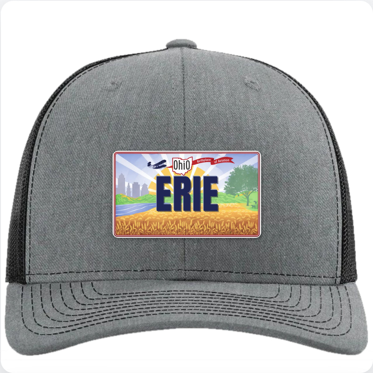 Heather grey and black Richardson 112 trucker hat with an Ohio scenic license plate patch reading ERIE.