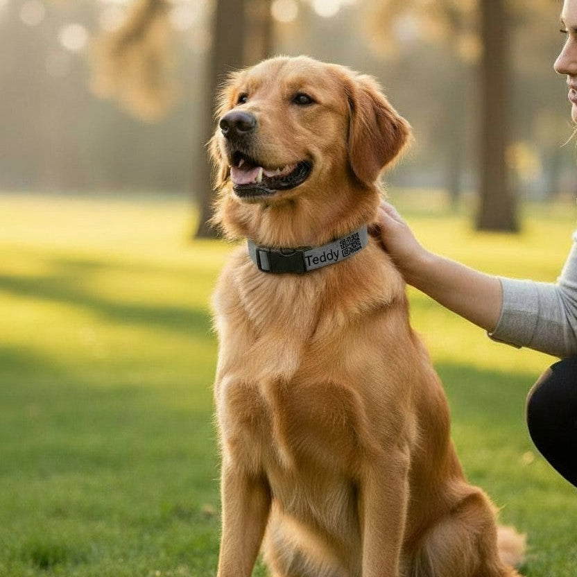 Golden retriever sitting on grass with a person petting it, surrounded by trees.