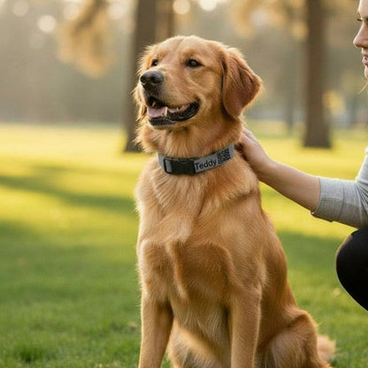 Golden retriever sitting on grass with a person petting it, surrounded by trees.