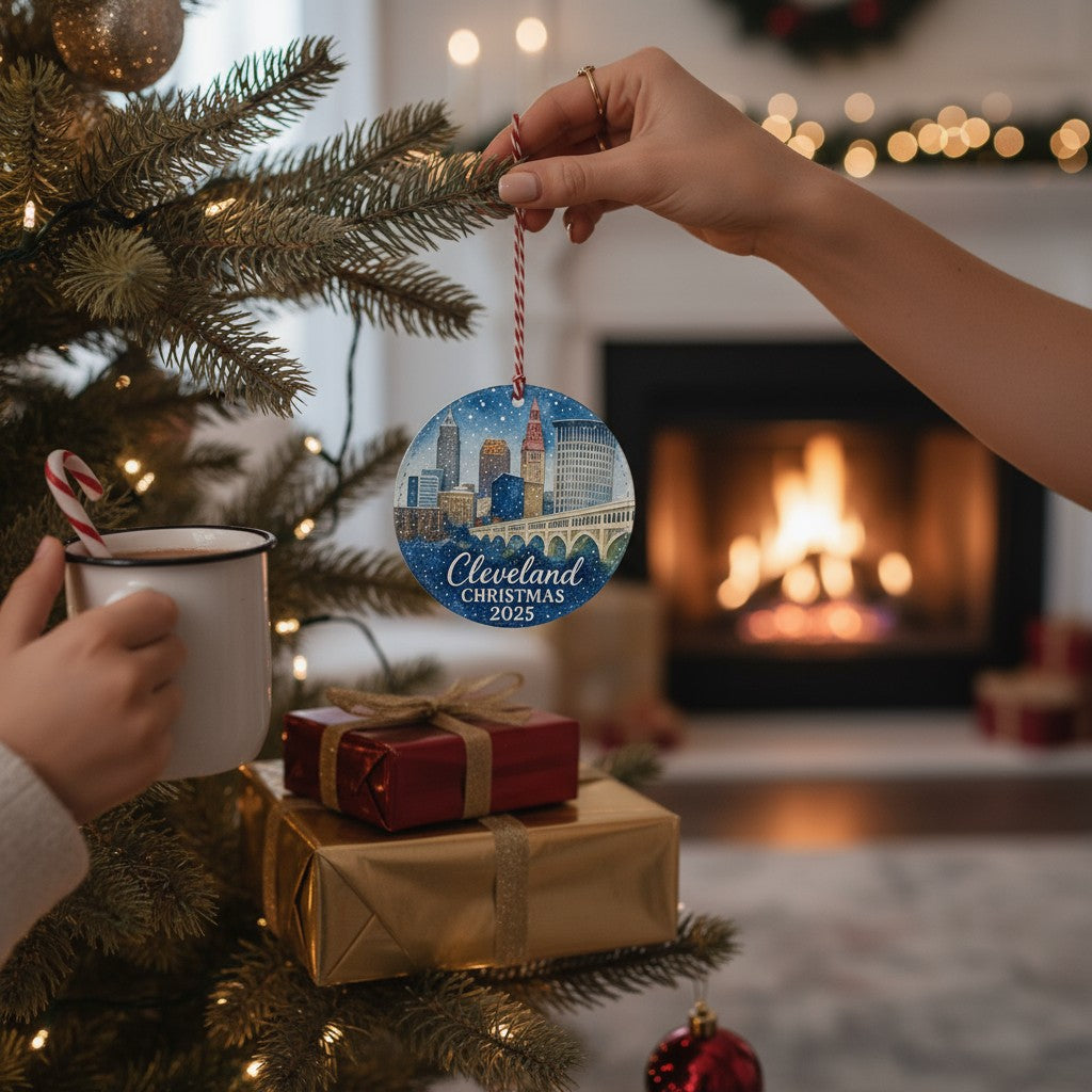 Cleveland Christmas 2025 Ornament – Watercolor Skyline Edition