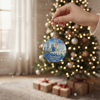 Cleveland Christmas ornament with the city skyline, hanging on a Christmas tree