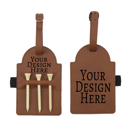 Brown leatherette golf bag tags with tees, reading Your Design Here