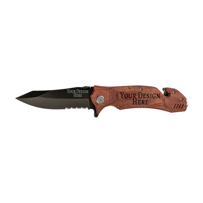 Folding pocket knife with a wood handle reading Your Design Here