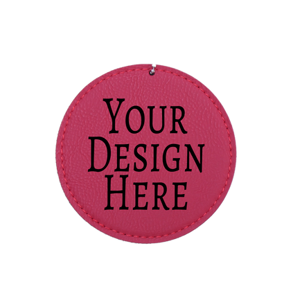 Round pink leatherette ornament reading Your Design Here