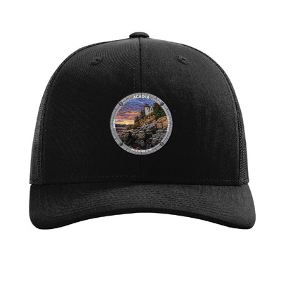 Acadia National Park patch hat in Black — Bass Harbor Head Lighthouse badge on a Richardson 112 trucker cap