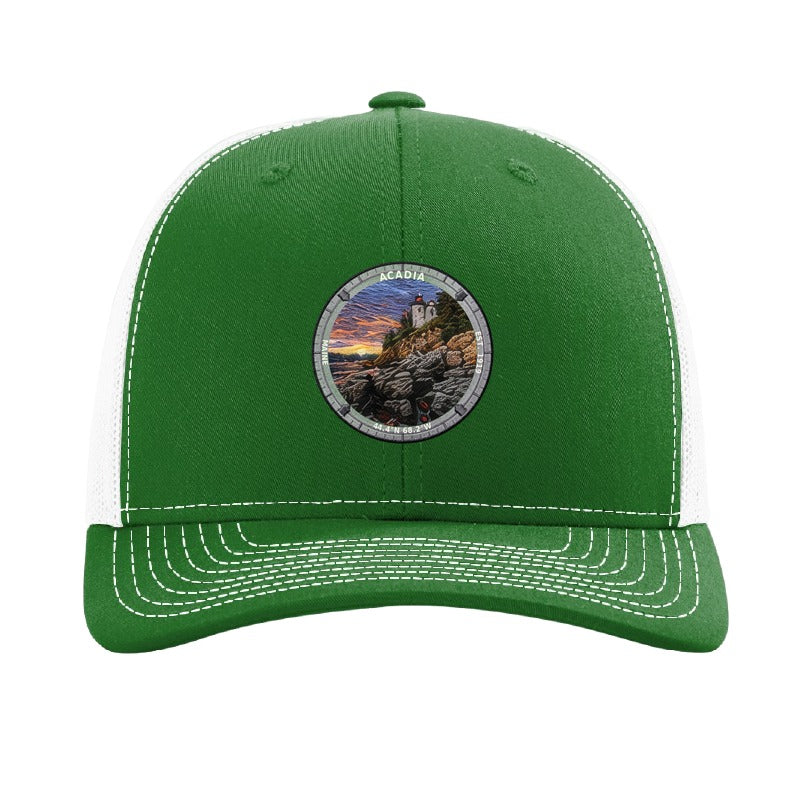 Acadia National Park patch hat in Kelly Green/White — Bass Harbor Head Lighthouse badge on a Richardson 112 trucker cap