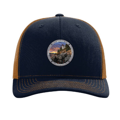 Acadia National Park patch hat in Navy/Caramel — Bass Harbor Head Lighthouse badge on a Richardson 112 trucker cap