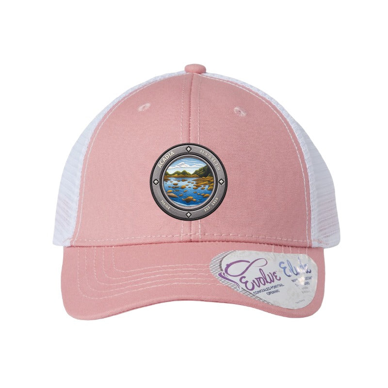 Acadia National Park patch hat — Dusty Rose/White (Ponytail)