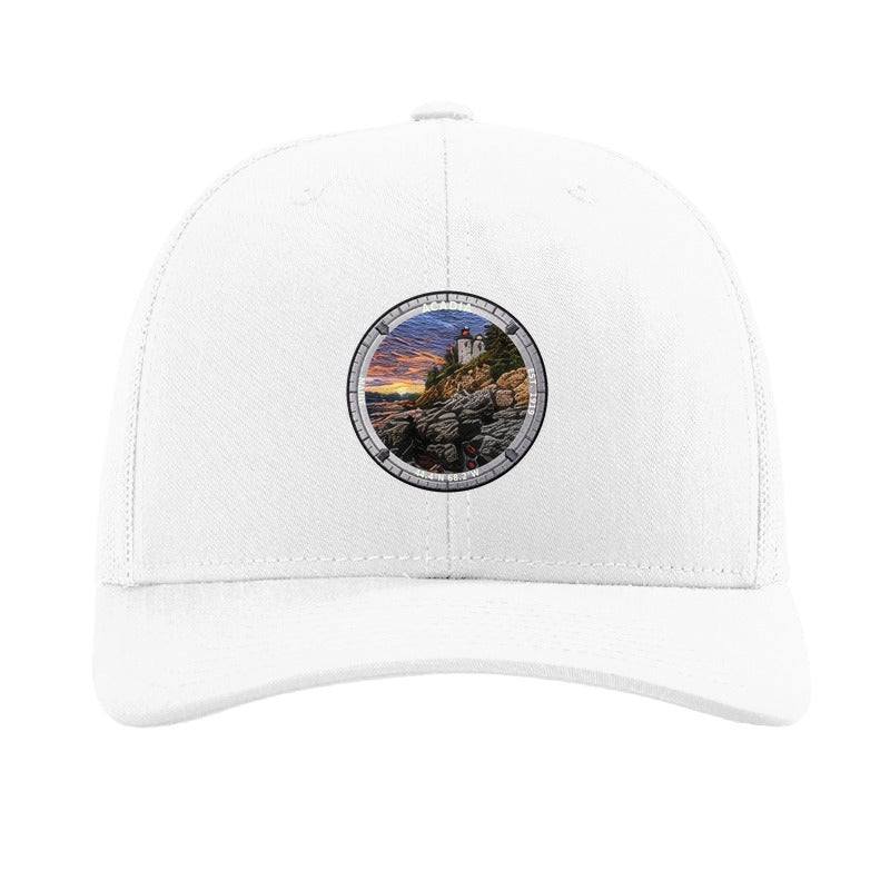 Acadia National Park patch hat in White — Bass Harbor Head Lighthouse badge on a Richardson 112 trucker cap