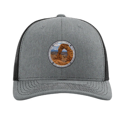 Arches National Park patch hat in Heather Grey/Black — Delicate Arch badge on a Richardson 112 trucker cap