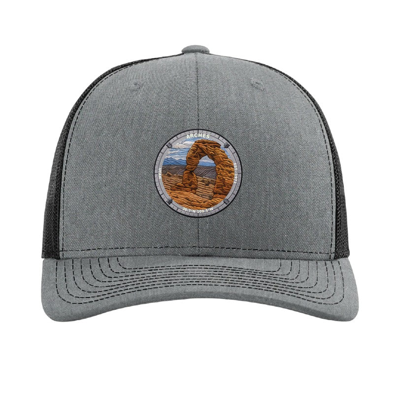 Arches National Park patch hat in Heather Grey/Black — Delicate Arch badge on a Richardson 112 trucker cap
