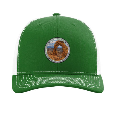 Arches National Park patch hat in Kelly Green/White — Delicate Arch badge on a Richardson 112 trucker cap