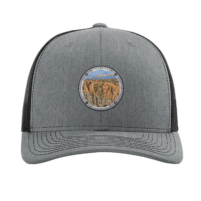 Badlands National Park patch hat in Heather Grey/Black — eroded pinnacles badge on a Richardson 112 trucker cap