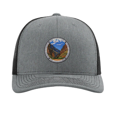 Big Bend National Park patch hat in Heather Grey/Black — Santa Elena Canyon badge on a Richardson 112 trucker cap