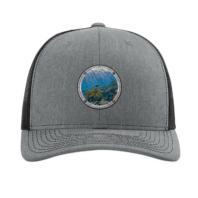 Biscayne National Park patch hat in Heather Grey/Black — coral reef badge on a Richardson 112 trucker cap