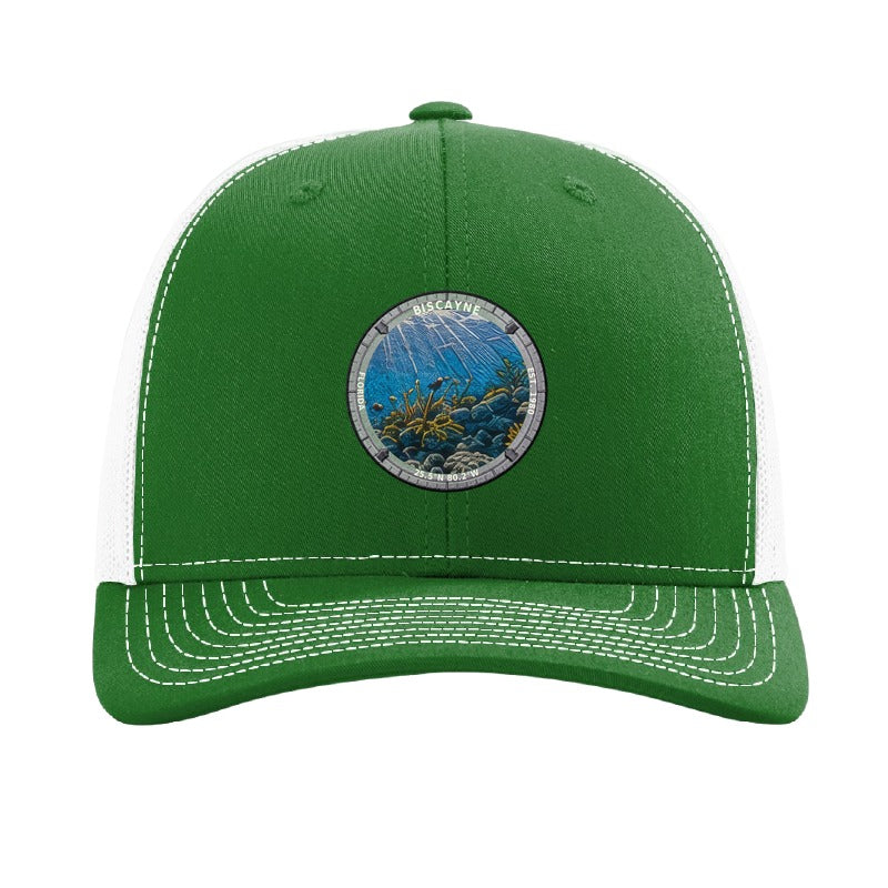 Biscayne National Park patch hat in Kelly Green/White — coral reef badge on a Richardson 112 trucker cap