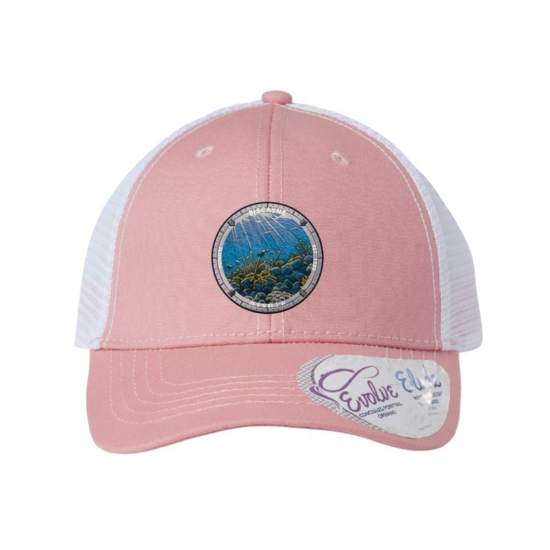 Biscayne National Park patch hat in Dusty Rose/White — coral reef badge on an Infinity Charlie ponytail cap