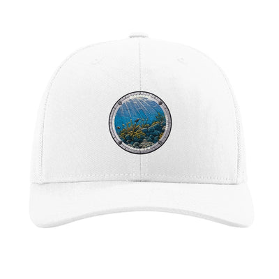 Biscayne National Park patch hat in White — coral reef badge on a Richardson 112 trucker cap