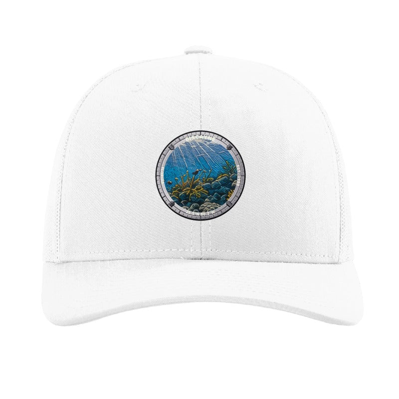 Biscayne National Park patch hat in White — coral reef badge on a Richardson 112 trucker cap