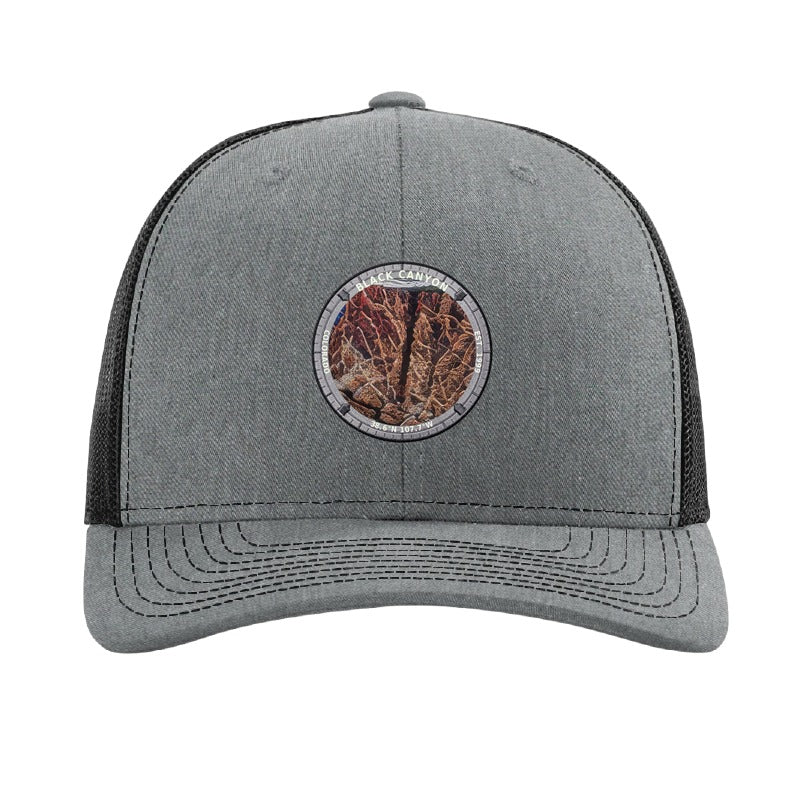 Black Canyon National Park patch hat in Heather Grey/Black — the Painted Wall badge on a Richardson 112 trucker cap